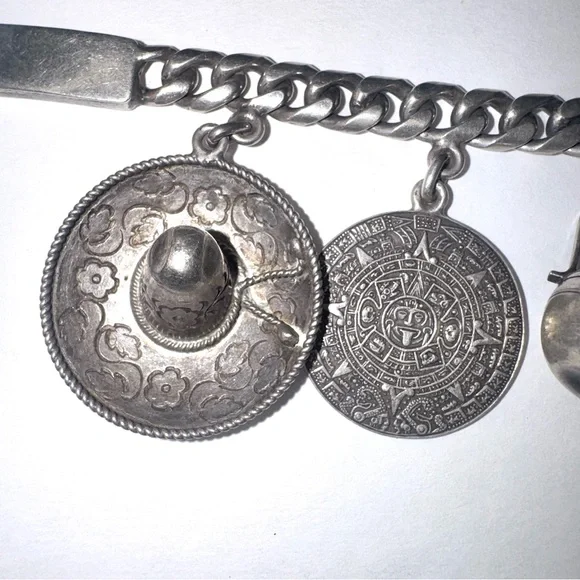 Vintage Mexican Sterling Silver Oversized Charm Bracelet with 7 charms